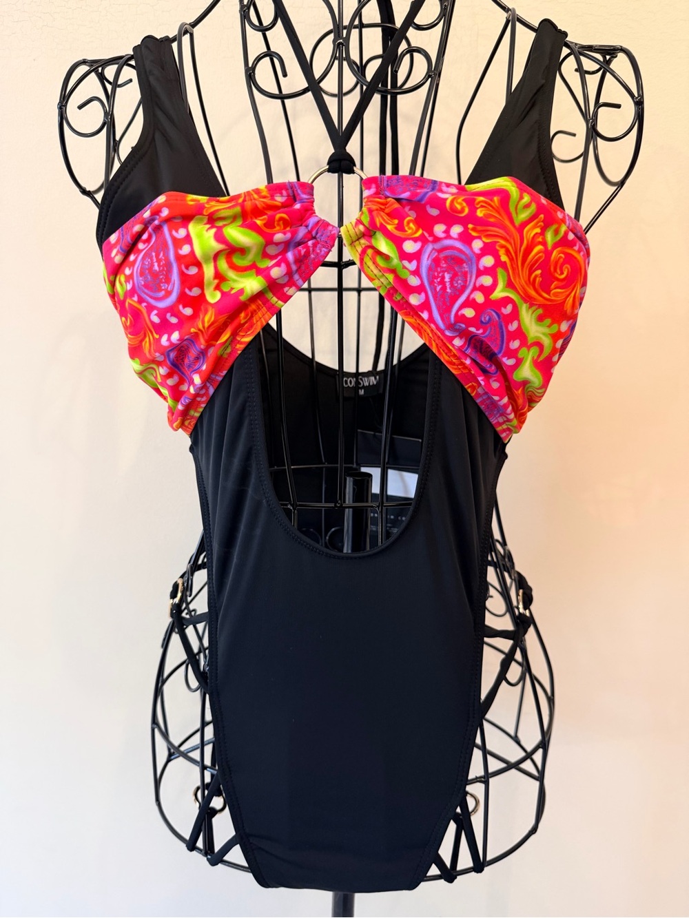 Black Icon One-Piece Cheeky Swimsuit with Neon Paisley Bust Size Med NWT